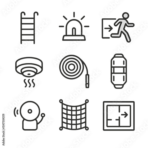 Emergency Icons Outline. Outline icon set of emergency evacuation skybridge: escape ladder, emergency lighting, exit sign, smoke