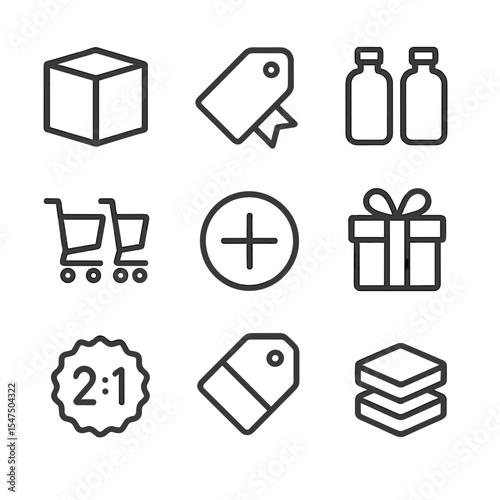 BOGO Icon Set. Outline icon set of BOGO offers: “Buy One” box, “Get One Free” tag, paired products, dual cart, plus sign, free