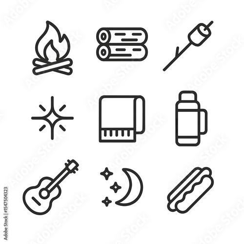 Bonfire Night Icons. Outline icon set of bonfire night: campfire, log seating, marshmallow on stick, spark, blanket, thermos,