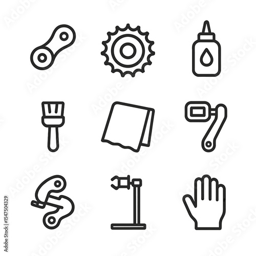 Bicycle Chain Maintenance Icons. Outline icon set of bicycle chain lubrication: chain link, sprocket, chain lube bottle, brush,