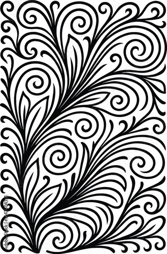 A seamless black and white floral pattern with ornate vintage leaves and swirling decorative elements