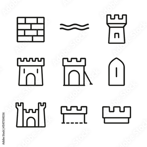 Defensive Fortification Icons. Outline icon set of defensive fortification designs: stone wall, moat trench, watchtower, gatehouse