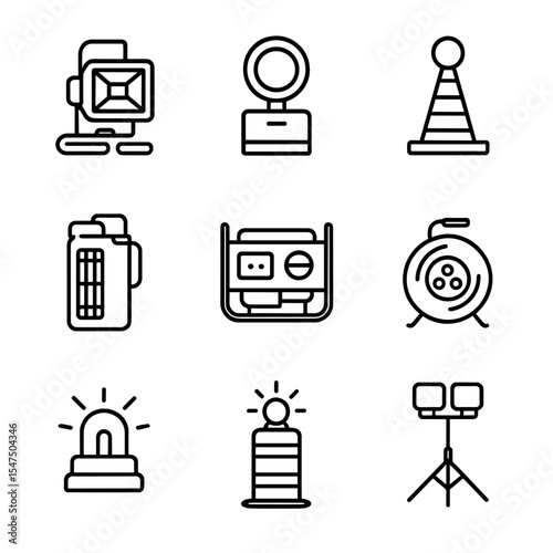 Emergency Lighting Icons. Outline icon set of emergency and temporary lighting: portable floodlight, barricade light, hazard cone
