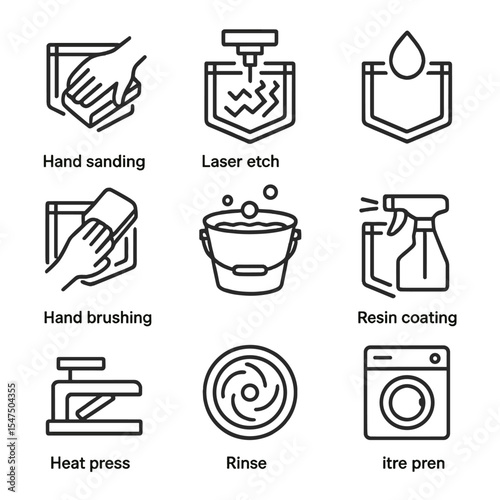 Denim Treatment Icons. Outline icon set of denim finishing treatments: hand sanding block, laser etch pattern, chemical fading