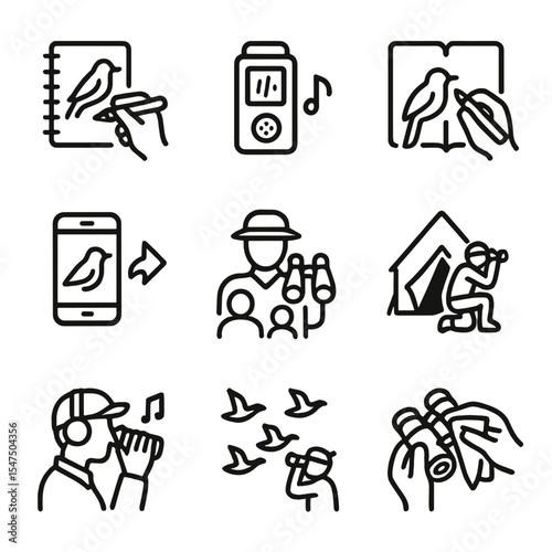 Birdwatcher Icon Set. Outline icon set of birdwatcher activities: log sightings, record calls, sketch bird, share on app, join
