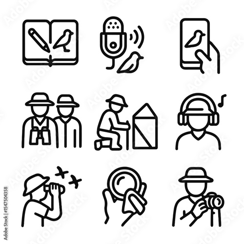 Birdwatcher Icon Set. Outline icon set of birdwatcher activities: log sightings, record calls, sketch bird, share on app, join