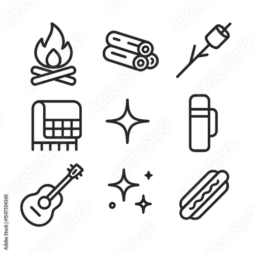 Bonfire Night Icons. Outline icon set of bonfire night: campfire, log seating, marshmallow on stick, spark, blanket, thermos,