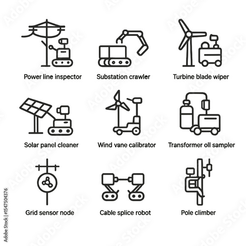 Energy Infrastructure Bots. Outline icon set of energy infrastructure bots: power line inspector, substation crawler, turbine