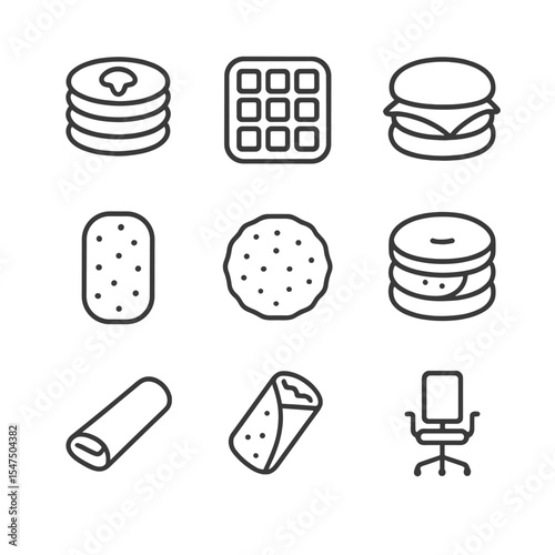 Breakfast and Office Icons. Outline icon set of frozen breakfast items: pancake stack, waffle grid, breakfast sandwich, hash brown