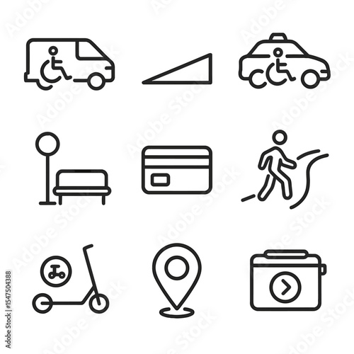 Accessible Transport Icons. Outline icon set of accessible transportation: shuttle van, ramp icon, taxi with wheelchair, bus stop