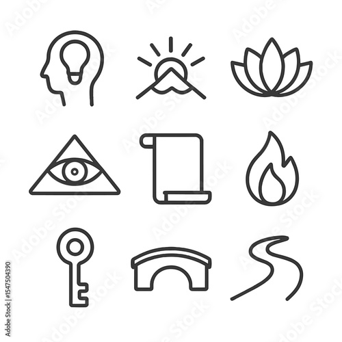 Enlightenment Symbols Icons. Outline icon set of enlightenment symbols: light bulb over head, sunrise over mountain, open lotus,