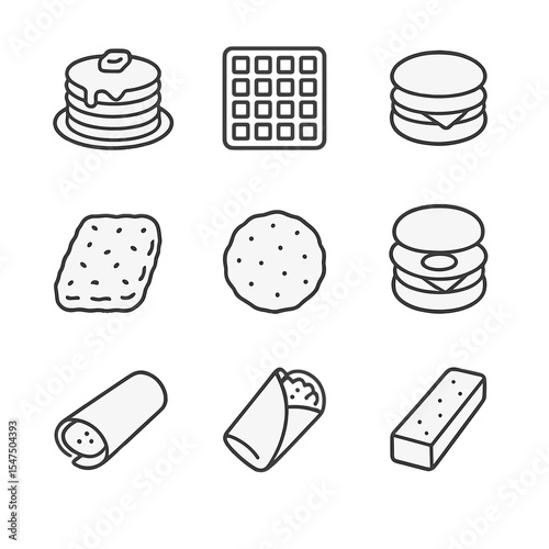 Breakfast and Office Icons. Outline icon set of frozen breakfast items: pancake stack, waffle grid, breakfast sandwich, hash brown