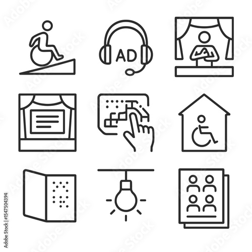 Accessible Theater Icons. Outline icon set of theater and stage representation: actor on wheelchair ramp, audio description