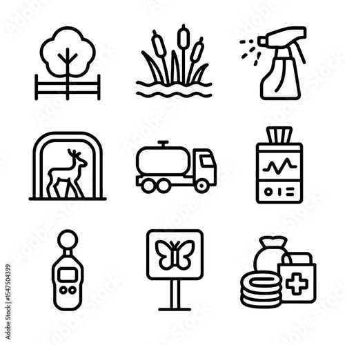 Environmental Protection Icons. Outline icon set of environmental protection tasks: tree protection zone, wetland buffer, dust