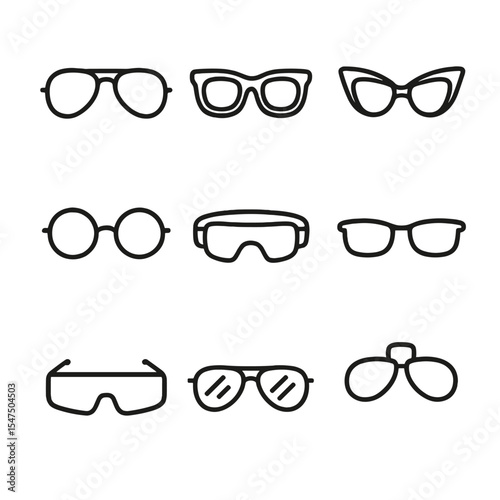 Eyewear Icon Set. Outline icon set of eyewear designs: aviator sunglasses, wayfarer frames, round glasses, cat-eye glasses, sports