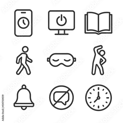 Digital Detox Icons. Outline icon set of digital detox and screen breaks: phone with timer, screen-off button, book icon, outdoor