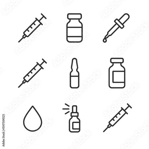 Childhood Vaccines Icons. Outline icon set of common childhood vaccines: DTaP syringe, MMR vial, polio dropper, varicella