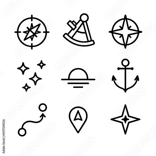 Celestial Navigation Icons. Outline icon set of celestial navigation: compass rose, sextant, star compass, navigational stars,