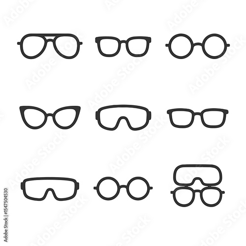 Eyewear Icon Set. Outline icon set of eyewear designs: aviator sunglasses, wayfarer frames, round glasses, cat-eye glasses, sports