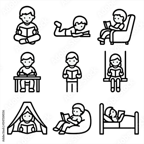 Children Reading Icons. Outline icon set of children reading positions: cross-legged child, child lying on stomach, child