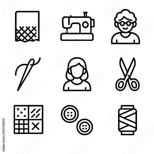 Family Sewing Icons. Outline icon set of family sewing tradition: fabric, sewing machine, grandmother, needle, thread, mother,