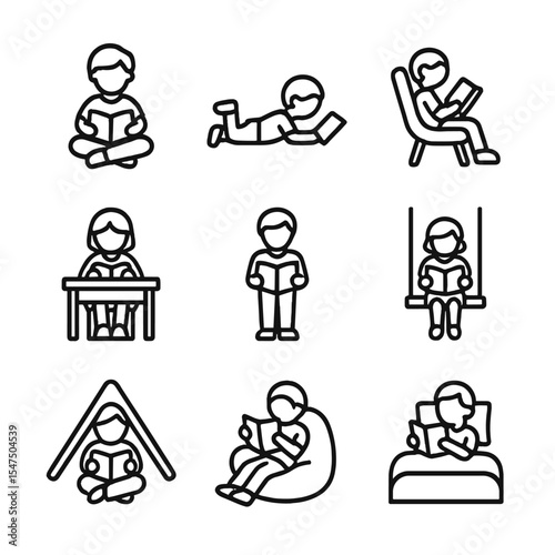 Children Reading Icons. Outline icon set of children reading positions: cross-legged child, child lying on stomach, child