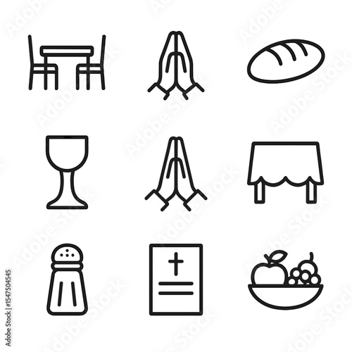 Family Meal Blessings Icons. Outline icon set of family meal blessings: dining table, blessing hands, bread loaf, chalice, prayer