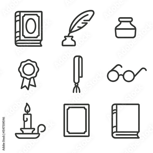 Classic Literature Icons. Outline icon set of classic literature shelf: leather-bound novel, gilded spine, quill pen, inkpot, wax