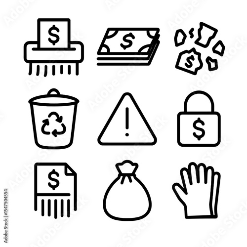 Cash Disposal Icons. Outline icon set of cash stack disposal: shredder, stack of bills, paper pieces, recycle bin, warning