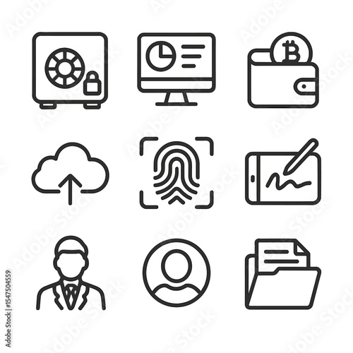 Digital Inheritance Icons. Outline icon set of modern inheritance planning: digital vault, online dashboard, crypto wallet, cloud