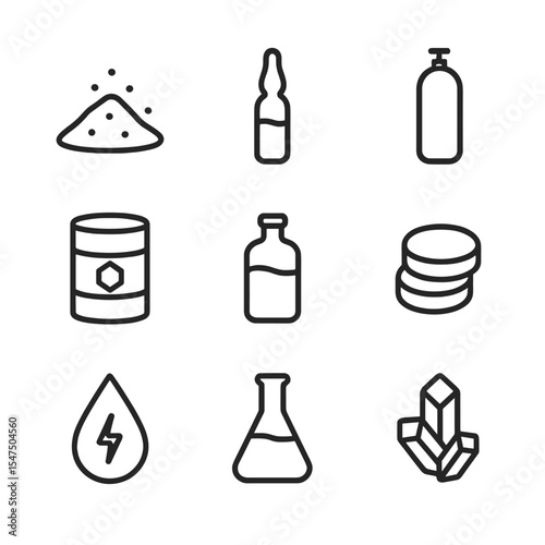 Chemical Icon Set. Outline icon set of raw material chemicals: sulfur powder, ammonia vial, ethylene cylinder, benzene drum,