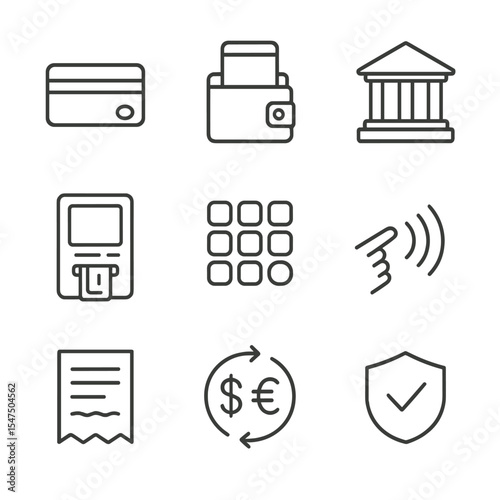 Digital Payment Icons. Outline icon set of digital payments and banking: credit card, mobile wallet, bank building, ATM machine,
