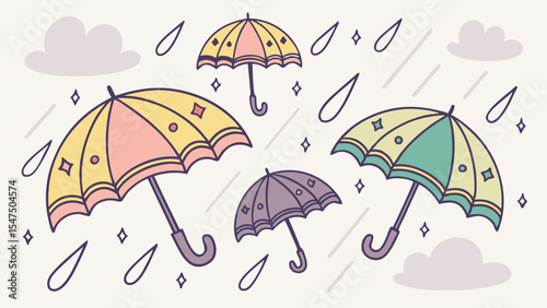Rainy Day Background Illustration With Cute Cartoon Umbrellas