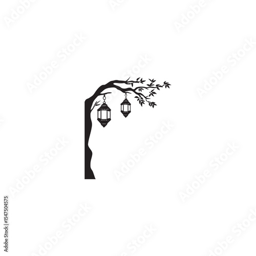 Elegant silhouette of tree branch with hanging lanterns for ramadan kareem design