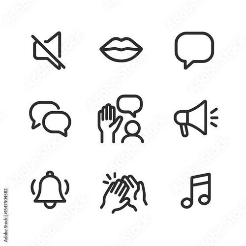 Classroom Sound Icons. Outline icon set of classroom sound levels: mute icon, whisper lips, single chat bubble, group chat bubbles