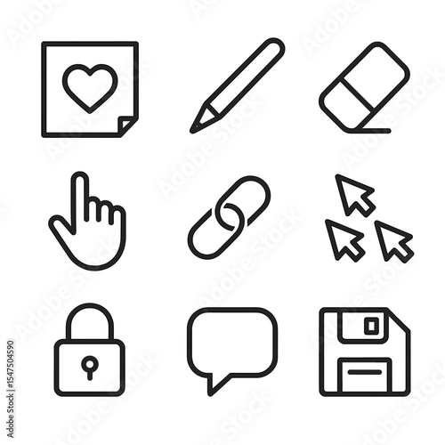 Collaborative Whiteboard Icons. Outline icon set of collaborative whiteboard empathy: sticky note with heart, digital pen tool,