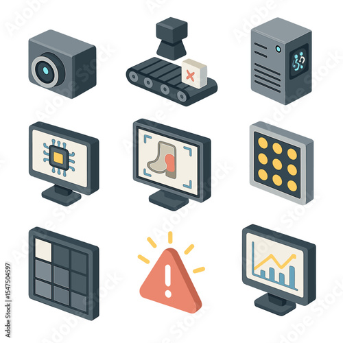 AI Quality Inspection Icons. Isometric Flat icon set of AI and machine vision quality inspection: vision camera, inspection
