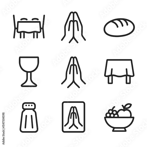 Family Meal Blessings Icons. Outline icon set of family meal blessings: dining table, blessing hands, bread loaf, chalice, prayer