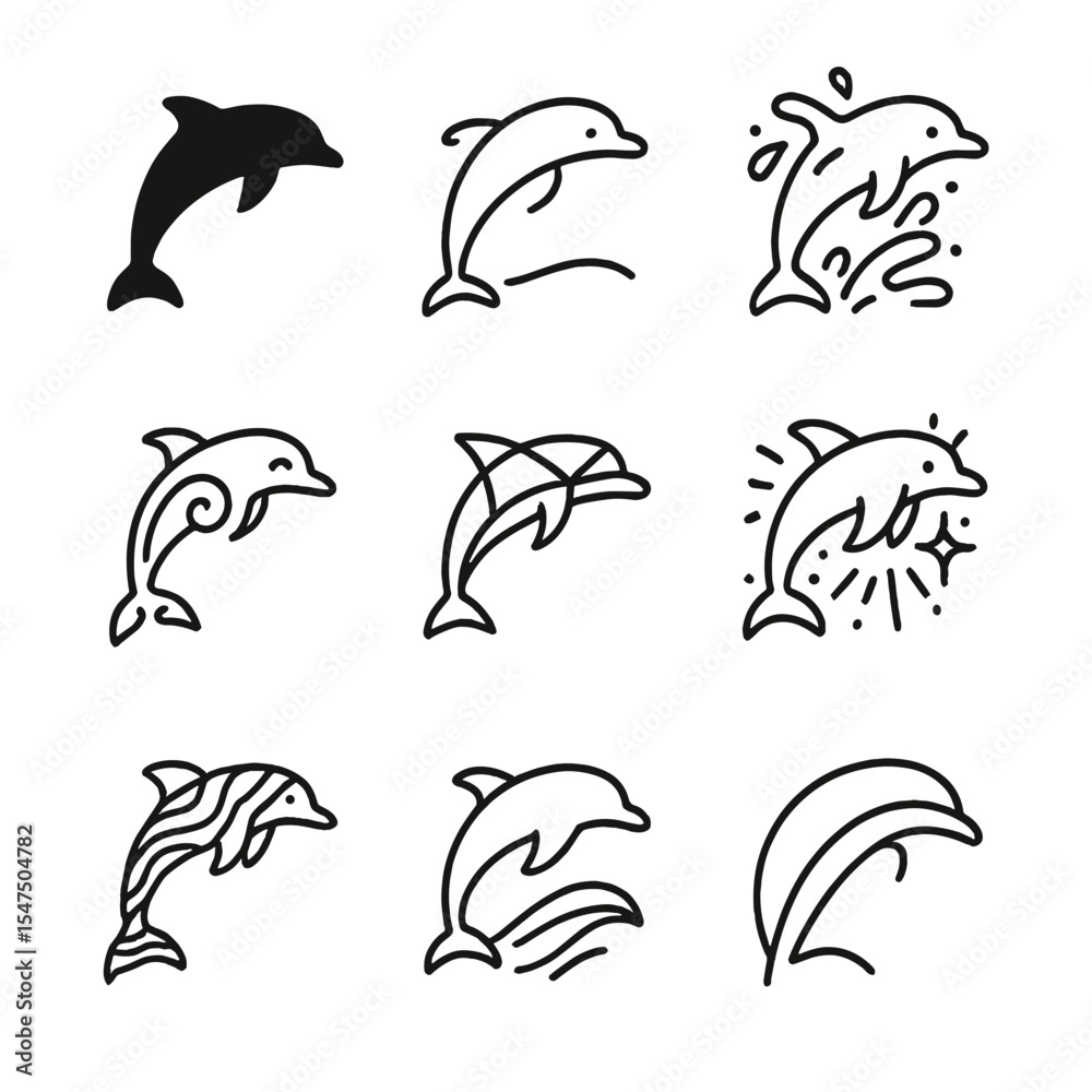 Obraz premium Dolphin Jump Icon Set. Outline icon set of artistic dolphin jump styles: minimalist silhouette, monoline curve, splash watercolor,