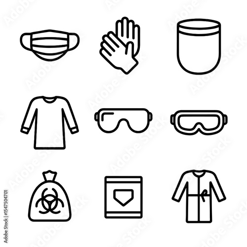 Ambulance Crew Icons. Outline icon set of ambulance crew PPE: disposable surgical mask, utility gloves, clear face shield,
