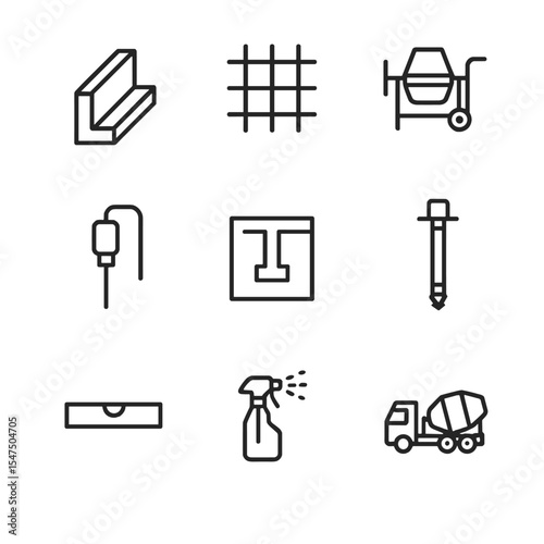 Foundation Icons Set. Outline icon set of foundation preparation: footing form, rebar cage, concrete mixer, vibratory poker,