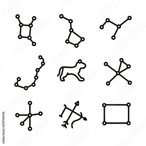Constellation Icons Grid. Outline icon set of constellations: Orion belt, Big Dipper, Cassiopeia W, Scorpius curve, Leo lion, Ursa