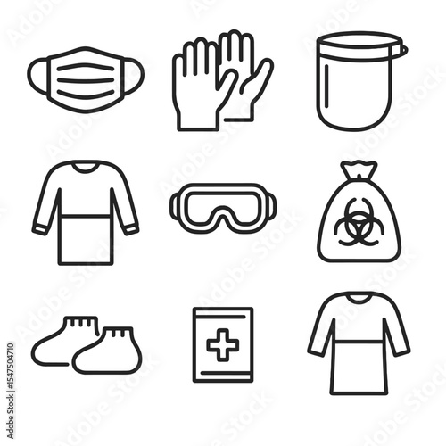 Ambulance Crew Icons. Outline icon set of ambulance crew PPE: disposable surgical mask, utility gloves, clear face shield,