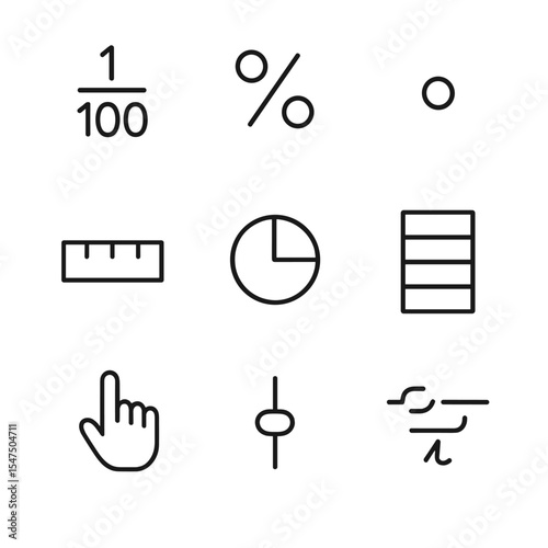Fraction and Decimal Icons. Outline icon set of hundredth fractions and decimals: fraction bar, percentage sign, decimal point,