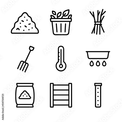 Composting Icons Set. Outline icon set of composting systems: compost pile, green waste basket, brown waste bundle, turning fork,