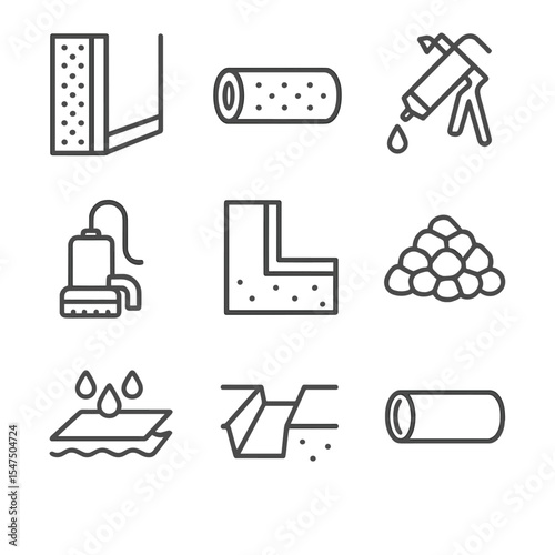 Foundation Waterproofing Icons. Outline icon set of foundation waterproofing components: membrane, drainage pipe, sealant, sump