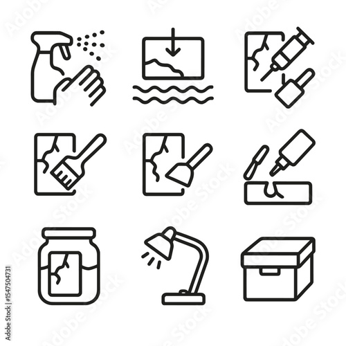 Conservation Icon Set. Outline icon set of conservation methods: cleaning, desalination, consolidation, gap filling, adhesive