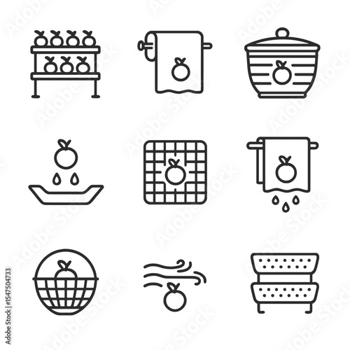 Fruit Drying Icons. Outline icon set of draining and drying fruit: drying rack, paper towel, salad spinner, drip tray, cooling