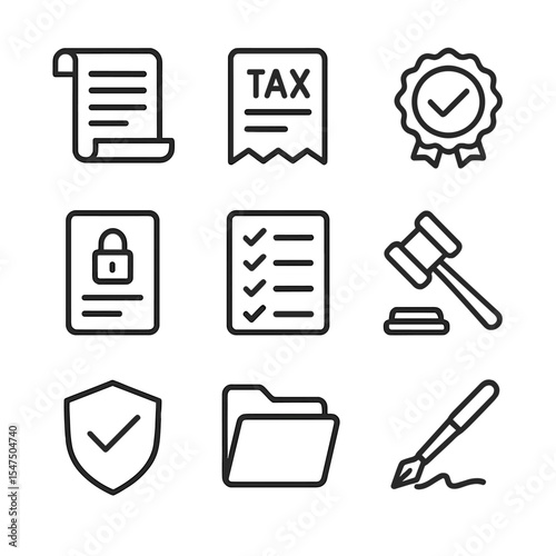 Fundraising Icon Set. Outline icon set of fundraising legal and compliance: contract scroll, tax receipt, nonprofit seal, privacy