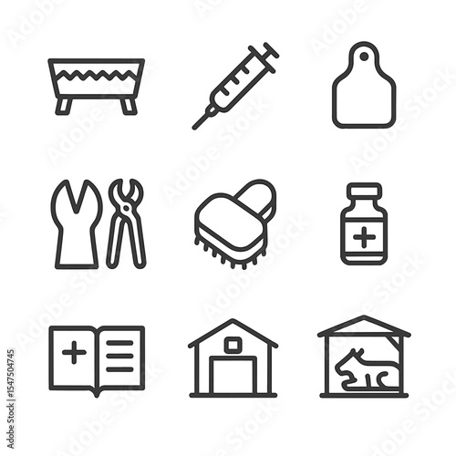 Animal Husbandry Icons. Outline icon set of animal husbandry: feeding trough, medical syringe, ear tag, hoof trimming, grooming